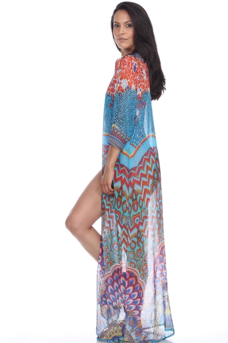 La Moda Women's Flowy Maxi Bathing Suit Swimsuit Front Hook Kimono Robe Cover Up - One Size