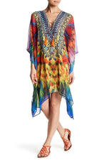 Attractive Bird Feathers Print / Multi Colored Sheer Lace up Kaftans | Lounge Wear Coverup - Hot Boho Resort & Swimwear