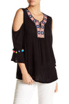 Black Embroidered Cold Shoulder Top with Colorful Pompoms - Hot Boho Resort & Swimwear