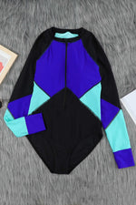 Color Block Half Zip Long Sleeve One-Piece Swimsuit - Hot Boho Resort & Swimwear