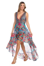 Ikat Blossom Bright & Bold Pattern Trendy Designer Hi-Lo Dress - Hot Boho Resort & Swimwear