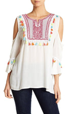 La Moda Bohemian White Embroidered Cold Shoulder Top with Colorful Tassels