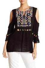 La Moda  Women's Black Embroidered Cold Shoulder Top with Colorful Tassels |  Tassel-Trim  Cold -Shoulder Top