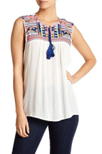 La Moda Women's White Embroidered Sleeveless Top With Colorful Tassels |  GOGA Swimwear
