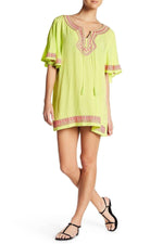 Lime Green Embroidered Mini Tunic Cover Up for Beachwear