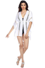 See-Through White Front Tie Beach Kaftan Kimono Cover-Up In Rayon