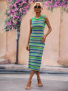 Striped Round Neck Sleeveless Midi Cover Up Dress - Hot Boho Resort & Swimwear