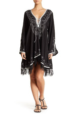Summer Dresses - Comfy Black Cross Ties With Embroidery And Tassels | Beach Dresses