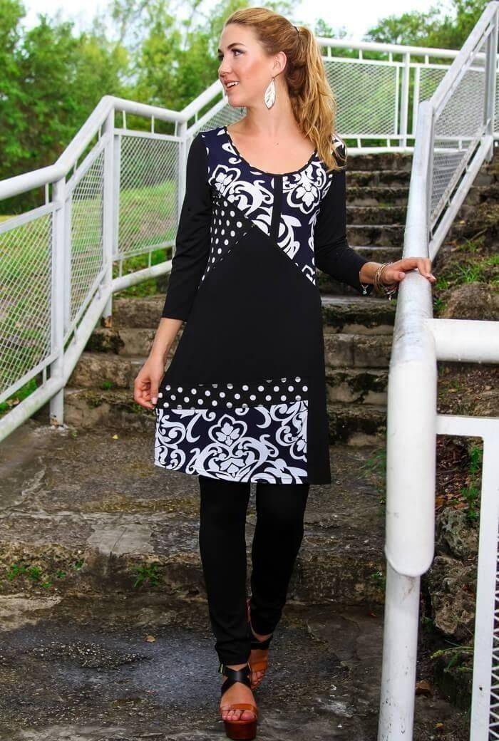 Women's Black and White Tunic Dress - Tunic Dresses with Sleeves