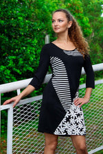 Women's Black White patch Tunic Dress - Tunic Dresses with Sleeves - Hot Boho Resort & Swimwear